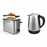 KitchenBoss Toaster 2 Scheibenmit Brötchenaufsatz und Krümelschublade, 6 Bräunungsstufen+ KitchenBoss Wasserkocher 1,7L Wasserkocher Edelstahl：Elektrischer Wasserkocher mit Kalkfilter, 2100W