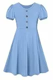 SFreeBo Kleider für Mädchen 11-12 Jahre Casual Mädchen Sommer Kleid Hellblau Baumwolle Kinderkleid Rundhals Swingkleid Laternenärmeln Mädchenkleid