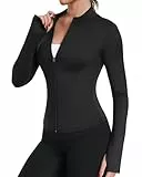 TNNZEET Sportjacke Damen Laufjacke Gym Tops Oberteil Yoga Langarm Sport Tshirt Fitness Trainingsjacke mit Daumenloch Reißverschluss,Schwarz,M
