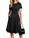 Damen Kleider Elegante, A-Linie Rundhals Kuzarm Kleid Damen mit Tasche, Business Festliche Kleider Rockabilly Schwarz XXL