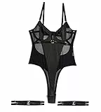 Aranmei Bodysuit für Damen Sexy Bügel Oberteil Mit Druckknopf im Schritt Mit Beinriemen und Tanga Bodysuit Dessous Set, Schwarz, S