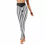 FYMNSI Damen Leggings Vertikal Gestreift Stretch Strumpfhose Leggins Streifen Lange Hosen Hohe Taille Dünne Dehnbar Schlank Hüfthose Yoga Lauf Fitness Workout Freizeit Hose Schwarz Streifen L