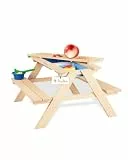 PINOLINO Matsch-Nicki 4er Kindersitzgruppe aus Massivholz I Matschküche & Wasserspieltisch für Garten & Outdoor I Spieltisch mit 2 Wannen für Kinder ab 2 Jahren I 89 x 88 x 51 cm
