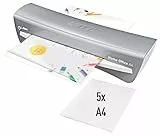 Leitz iLAM A4 Laminiergerät, sehr kurze Aufwärmzeit von 2 Min, 75-125 mic, Smart LED Status, Anti-Stau, Auto-Abschaltung, inkl 5x A4-Laminierfolien, Für Home Office und Büro, Silber und Weiß, 73680089