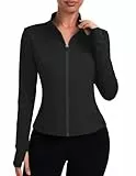 PINSPARK Laufjacke Damen Kurze Sportjacke Langarm Trainingsjacke Yoga Jacke Fitness Sweatjacke Reißverschlusstaschen mit Daumenlöchern Schwarz M