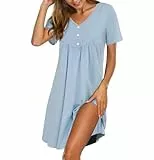 Crewhpo Nachthemd für Damen Kurzarm Baumwolle Negligee Einfarbige mit V-Ausschnitt Nachthemden Kurze Ärmeln Sleepshirt Schlafhemd Kurz Bequem Frauen Freizeitkleid
