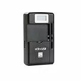 Trade-Shop Universal LCD Ladegerät Ladestation Tischlader für Li-Ion 3,7V Akku bis 6,5cm, Ladeschale einstellbar passend für viele Smartphone Handy Digitalkamera Akkus/mit USB-Anschluss