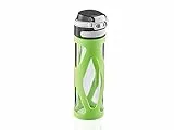 Leifheit Glasflasche Flip 600ml, 100% dichte Sportflasche, praktisches Öffnen mit einer Hand, Trinkflasche mit Filter für Fruchteinsatz, nachhaltige Wasserflasche, BPA frei, stoßfest, grün