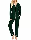 SWOMOG Schlafanzug Damen Lang Zweiteiliger Pyjama mit Knopfleiste Weich Nachtwäsche Frauen Langarm Tops und Pyjamahose Hausanzug
