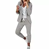EMATOP Hosenanzug für Damen Zweiteiliger Business Anzug Set Slim fit Freizeitanzug Revers Büro Blazer Hose 2-Teilig Tracksuit Elegant Taillierter Jogginganzug Baumwolle Einfarbig Streetwear