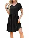 Actcat Sommerkleid Damen Elegant A-Linie mit Taschen Knielanges Freizeitkleid Kurzarm für Strand und Hochzeit,schwarz,L