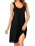 Uniexcosm Nachthemd Damen Ärmelloses Kurz Sexy Negligee Baumwolle Nachtkleid Spitze V-Ausschnitt Nachtwäsche Sleepshirt Soft Sleepwear A:Schwarz L
