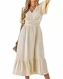 BebreezChic Sommerkleid Damen Lang Boho Elegant Kurzarm V-Ausschnitt Hohe Taille Swiss Dot Gerafft Blumen Strandkleid Maxikleid, Beige S