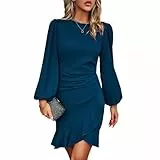 TcIFE Damen Kleid Freizeitkleid Rundhals Langarm Bodycon Rüschenkleid Kurz Enges Mini Kleider Klassic Casualkleid Elegant Frauen, Hellblau, XL