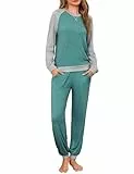 Leversic Schlafanzüge für Damen Lang Zweiteiliger Pyjama Set Baumwolle Raglanärmel Kontrastfarbenes Hausanzug Nachtwäsche, 1386-Seeblau, S