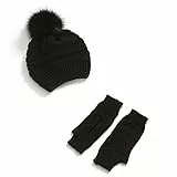 TSWRK Damen Beanie Hut Handschuhe Set Bommelmütze mit Strickhandschuhe