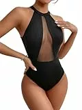 GORGLITTER Damen Neckholder Body Ärmellos Bodysuit mit Durchsichtiges Netz Cut Out Halterbody Mesh Bodies Slim Fit Bodytop Party Outfit Schwarz M
