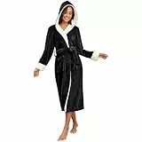 RONGTAI Damen-Bademantel aus Plüsch-Fleece, mit Kapuze, dickes Nachthemd, lang, Nachtwäsche mit zwei Seitentaschen und Gürtel (DE/NL/SE/PL, Alphanumerisch, M, Regular, Regular, Black)