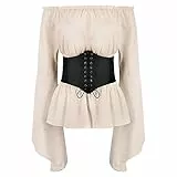 ABEHIK Damen Renaissance Bluse Mittelalter Gothic Oberteil f�r Frauen Langarm Trachtenbluse mit Trompeten�rmel Schulterfrei Shoulder Shirt beige XL