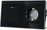TAWOIA Lichtschalter mit Steckdose 1 Fach 1 Weg Glas Platte Unterputz Taste Schalter mit Schuko Steckdose 16 Amp 86 * 157mm Schwarz Wechselschalter