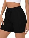 Uniexcosm Kurze Sporthose Damen High Waist Sommer Bermuda Shorts mit Taschen und Kordelzug Freizeitshorts für Running Gym Fitness C:Schwarz L