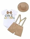 FYMNSI Baby Jungen 1. Erster Geburtstag Outfit Kleinkinder Dschungel 1 Jahr Party Safari Wald Fotoshooting Kurzarm Strampler Body Y-R�cken Hosentr�ger Shorts Hut 4tlg Bekleidungsset Khaki Tier 12-18M
