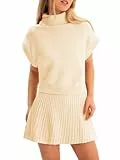 Tankaneo Damenrock, 2-teiliges Set, Pullover-Set, 2025, Rollkragen, Flügelärmel, bauchfreies Top und plissierter Minirock, Reise-Outfits, Beige, S