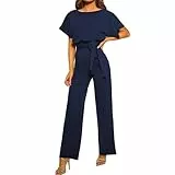 Coloody Damen Lang Jumpsuit Overall Hosenanzug Elegant Romper Kurzarm Rundhals Playsuit mit Gürtel Hosenanzug Breite Weites Bein Overall Blue M