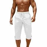 Guhmomh 3/4 Hose Herren leinen Shorts Leichte Leinenhose Sommer Kurze Hosen Baumwolle Sommerhose Freizeithose Kurz Bermuda Herren-Shorts Dreiviertel Herrenhose Strand Jogging Sporthose Männer Weiß L