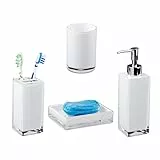 Relaxdays Badaccessoires Set 4-teilig, modern, Zahnputzbecher, Zahnbürstenhalter, Seifenspender, Seifenschale, weiß, 9 x 12 x 19.5 cm