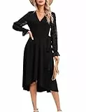 KOJOOIN Damen Wickelkleid Tüll Langarm Tunika Kleid V-Ausschnitt Skaterkleid Midikleid Casual Swing Kleid Knielanges Partykleid mit Gürtel(Verpackung MEHRWEG),Schwarz, XXL