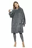 Catalonia Classy Fleece Kapuzendecke für Damen und Herren, weiche und warme, tragbare Kapuzendecke, langer Kapuzenpulli mit verstellbarem Kordelzug und Fronttasche, Dunkelgrau