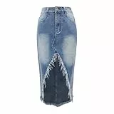 Jeans Rock für Damen, Maxirock Damen Lang, Langer Jeansrock mit Schlitz, Elastischer Hohe Taille Cowgirl Rock Sexy Wickelrock Elegant Sommerrock Irregular Langer Hüftrock Enger Damenrock