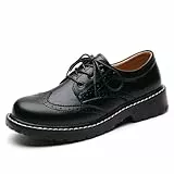 XMM Oxfordschuhe für Damen, Oxford-Schuhe mit Schnürung, runder Zehenbereich, Leder, flach, klassisch, rutschfest, für Arbeit, Business, Büro, Schuhe, Schwarz , 39 EU