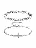 Zysta Silber Armband Herren 2 Stücke Edelstahl Armreif Männer Kreuz Armband Cuban Herrenarmband Schmuck Set für Geschenke