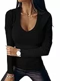 Imily Bela Damen Langarmshirt Sexy V Ausschnitt Oberteile Elegant Gerippt Sweatshirt Slim Fit Herbst Shirts, Schwarz, M