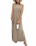 Tanmolo Damen Sommerkleid Rundhals Freizeit Lang Maxikleid Taschen Tunika Strand Kleid Lockerer Seitenschlitzen L Grau Khaki