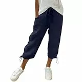 KOG 3/4 Hose Damen Leinenhose 2026 Sommerhose Baumwolle Leinen Cargohose Baggy Teenager Mädchen Jogginghose Einfarbig Fashion Arbeitshose Langlaufhose Oversized Hose Mit Gummizug Marine 3XL