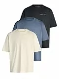DENIMFY Tshirt Herren Relaxed Fit DFTed 3er Set Pack Rundhals Kurzarm Sommer Tee Shirt Logo Druck, Größe:XL, Farbe:Pack 2 (Black, Nude Beige, Blue)