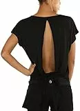 icyzone Damen Rückenfrei Yoga Top Fitness Sport Kurzarm Shirt Oberteil Casual T-Shirt Loose Fit (XL, Black)