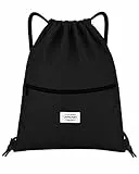 LIVACASA Turnbeutel Mit Reißverschluß Innentasche Sportbeutel Wasserdicht Hipster Beutel Seitentasche Gym Bag Gefüttert Rucksack Mit Verstellbar Tunnelzug Gymsack für Damen Herren Rein Schwarz