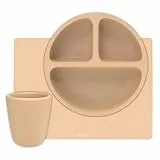 OLGS Silikon Kindergeschirr 3er Set für Baby & Kind | Kinder Geschirr, Teller, Becher, Tischset BASIC | Kinderteller, Babyteller Esslernset BPA Frei Cream Beige | Silikonmatte Kinderbecher ab 6 Monate