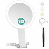 B Beauty Planet Reisespiegel mit 30-facher/1-facher Vergrößerung, doppelseitig wiederaufladbar, einstellbare Helligkeit, 3-farbige Beleuchtung, faltbar, Handheld/Hängen/Tischplatte, 3 Möglichkeiten