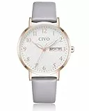 CIVO Leicht Lesbar Armbanduhr Damen: Klares Zifferblatt mit Zahlen Leuchtende Zeiger Datum - Analog Damenuhr mit Grau Lederarmband für Casual Alltagskleidung Geschenke