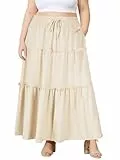 Moon Wood Damen Sommerrock Langer Rock Maxirock Stretch Hohe Taille Plisseerock mit Taschen Große Größen Apricot 3XL
