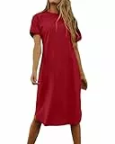 Imily Bela Dame Tshirt Kleid Sommer Shirtkleid Baumwolle Kurzarm Rundhals Minikleider Freizeitkleid mit Taschen.Weinrot.L