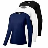 3er-Pack Damen Baumwoll Langarm T-Shirts Rundhalsausschnitt Feuchtigkeitstransportierende Shirts Bequeme Freizeit Oberteile Schwarz/Weiß/Navy-02-2XL