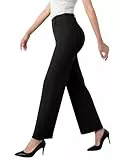 Glacspyg Damen Hohe Taille Straight Freizeithosen Elastische Business Arbeitshosen Elegante Stretch Weite Hosen mit Taschen Schwarz L