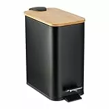 Relaxdays Mülleimer Bad, 5 Liter, entnehmbarer Inneneimer, Kosmetikeimer, Metall, Badmülleimer mit Bambusdeckel, schwarz