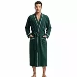 U2SKIIN Herren Bademantel 100% Baumwolle Leicht lang Bademantel Kimono Kragen Weich Hautfreundlich Spa Robe (Dunkelgrün, L/XL)